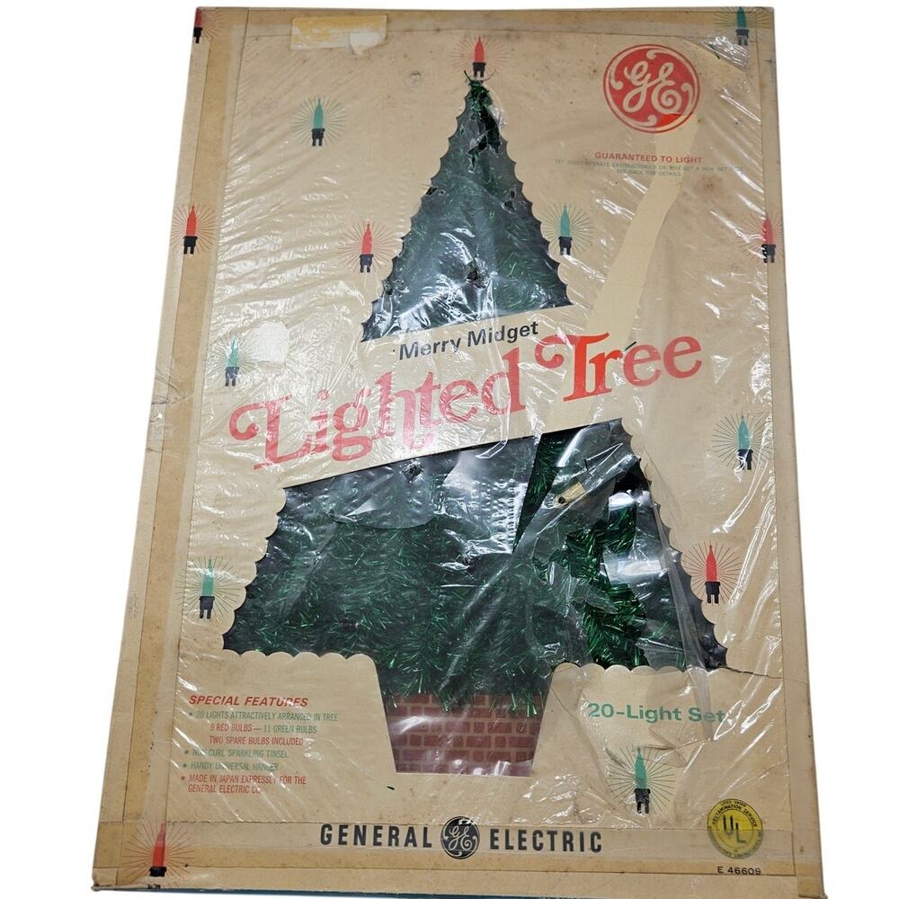 Vintage 60s GE Lighted Tree Green Tinsel Mid Century Kitsch With Box Christmas